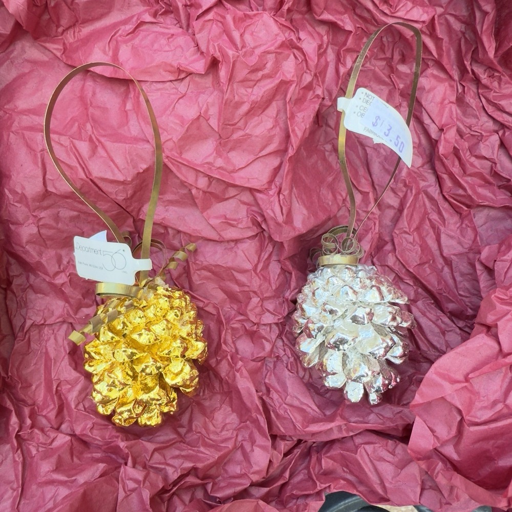 Vtg Dept 56 Gold Silver‎ Dipped Metal Pine Cones Brass Ribbon Christmas Ornament